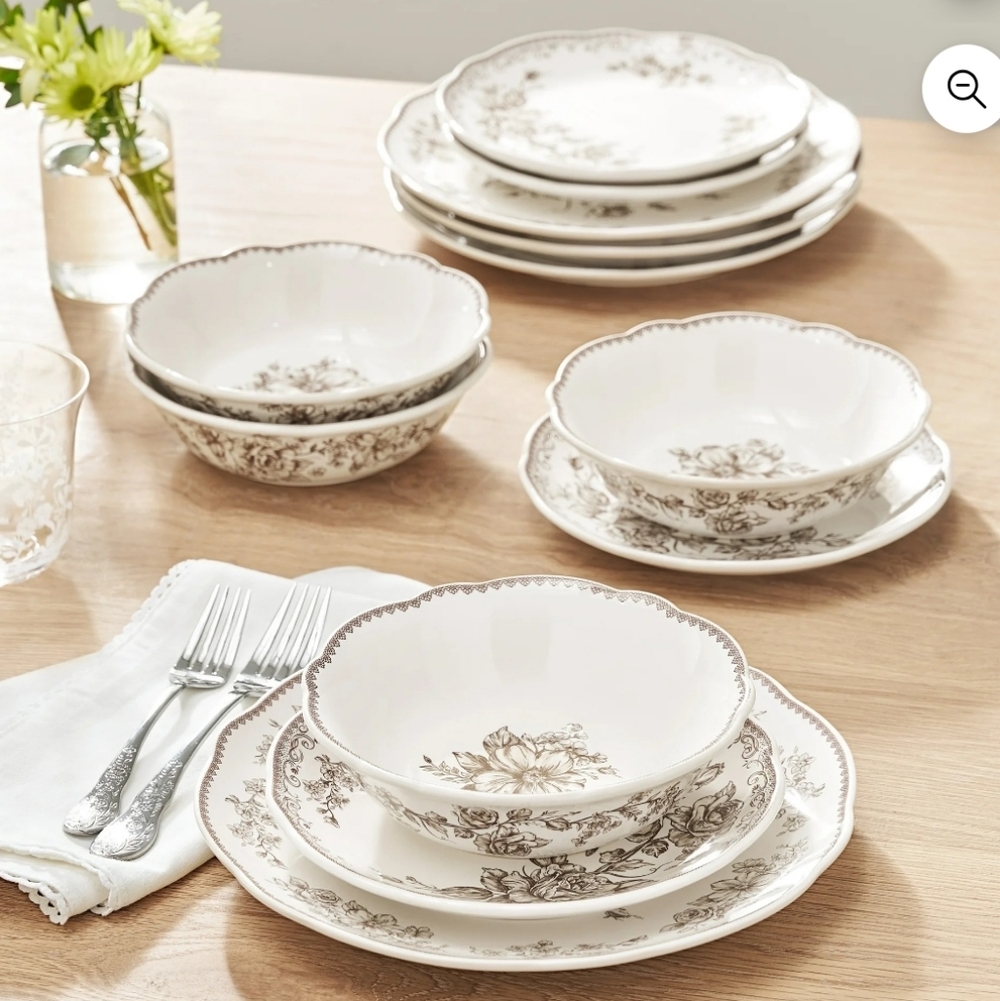 🤎 2025 Pioneer Woman Elegant Agatha Brown Floral 12 Piece Dinnerware Set
